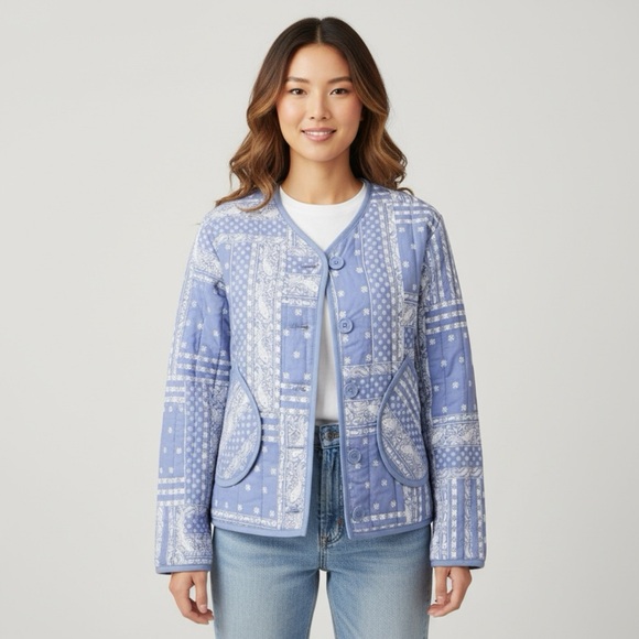 Como Vintage Blue and White Patchwork Cottagecore Quilted Chore Jacket - Picture 9 of 9